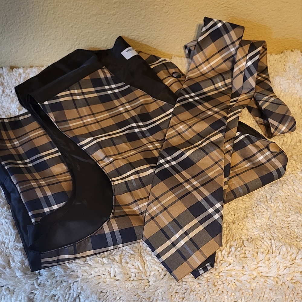 Mens Black & Brown Plaid Vest with Matching Tie